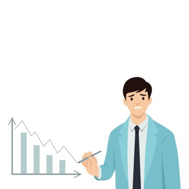 Hayal kırıklığına uğramış işadamı, çünkü finansal grafik oku azalıyor. Düz vektör çizimi beyaz arkaplanda izole edildi