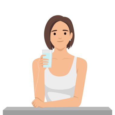 Bir bardak su tutan kadın. Düz vektör çizimi beyaz arkaplanda izole edildi