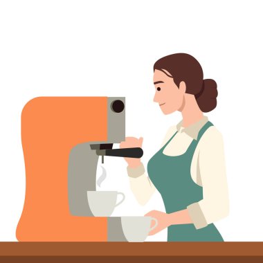 Mutfak makinesiyle evde kahve yapan mutlu bir kadın. Düz vektör çizimi beyaz arkaplanda izole edildi