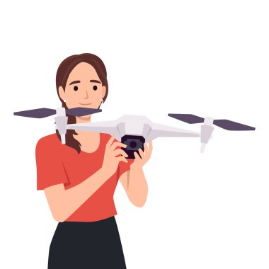 Uzaktan kumandalı bir dron uçuran genç bir kadın. Düz vektör çizimi beyaz arkaplanda izole edildi
