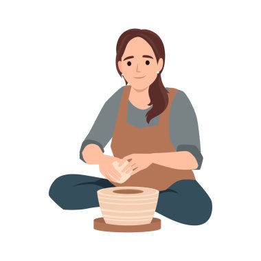 Atölyede seramik vazo yapan kadın. Düz vektör çizimi beyaz arkaplanda izole edildi
