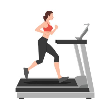 Koşu bandında koşan bir kadın. Düz vektör çizimi beyaz arkaplanda izole edildi