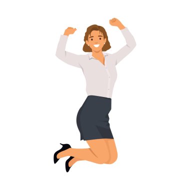 Coşkulu İş Kadını havada zıplıyor. Düz vektör çizimi beyaz arkaplanda izole edildi