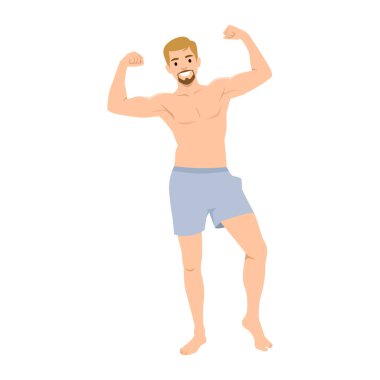Genç kaslı adam kaslarını esnetiyor ve mutlu gülümsüyor. Düz vektör çizimi beyaz arkaplanda izole edildi