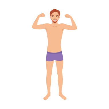 Sıska genç adam kaslarını kasıyor. Düz vektör çizimi beyaz arkaplanda izole edildi