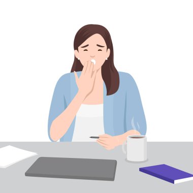 Sleepy Woman at Work with Coffee and Laptop. Flat vector illustration isolated on white background clipart