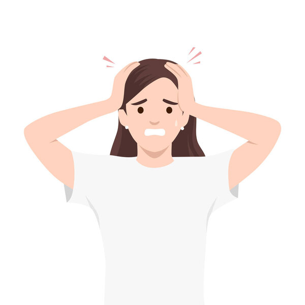 Stressed Woman in Panic Holding Her Head, Anxiety and Overwhelm. Flat vector illustration isolated on white background