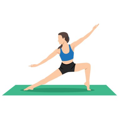Halı yogasında Virabhadrasana yapan kadın. Düz vektör çizimi beyaz arkaplanda izole edildi