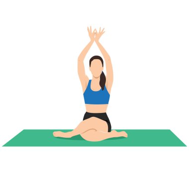 Halıda otururken gomukhasana yapan kadın. Düz vektör çizimi beyaz arkaplanda izole edildi