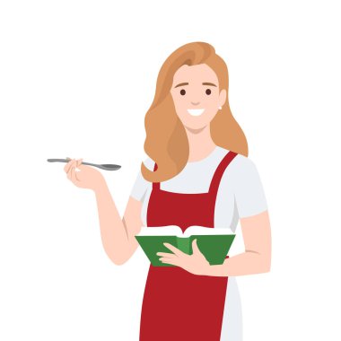 Yemek tarifi kitabıyla gülümseyen kadın. Düz vektör çizimi beyaz arkaplanda izole edildi