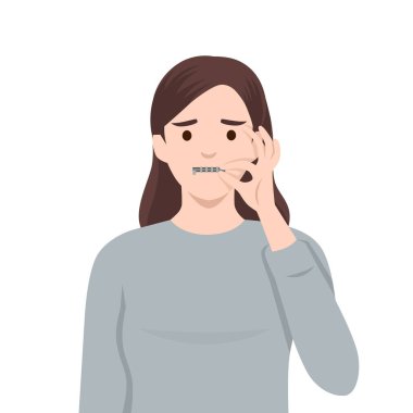 Dudakları Fermuarlı Sessiz Kadın Hareketi. Düz vektör çizimi beyaz arkaplanda izole edildi