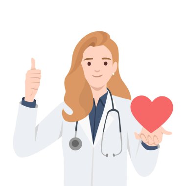 Paltolu ve steteskoplu kadın doktor, kırmızı kalbi bir elinde tutuyor ve baş parmağını kaldırıyor. Düz vektör çizimi beyaz arkaplanda izole edildi