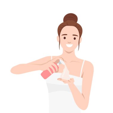 Gülümseyen kadın eline losyon ya da köpük sürüyor. Düz vektör çizimi beyaz arkaplanda izole edildi