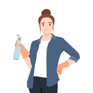 Confident Woman Ready for Cleaning with Spray Bottle and Gloves. Flat vector illustration isolated on white background clipart