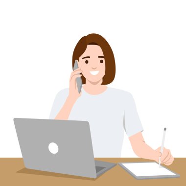 Tablet yazarken telefonda konuşan ve dizüstü bilgisayarla çalışan bir kadın. Düz vektör çizimi beyaz arkaplanda izole edildi