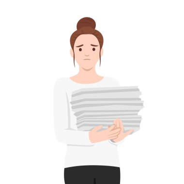 Worried woman holding a large stack of papers Overwhelmed with Workload. Flat vector illustration isolated on white background clipart