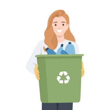 Elinde plastik şişelerle dolu yeşil bir geri dönüşüm kutusu tutan bir kadın. Çevreye duyarlı yaşamı teşvik ediyor. Düz vektör çizimi beyaz arkaplanda izole edildi