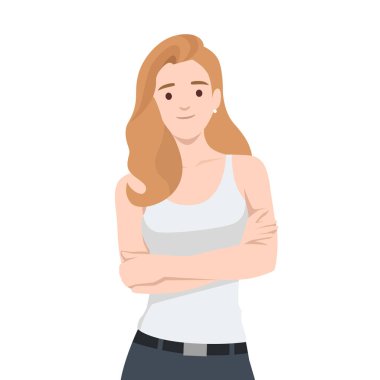 Sarı saçlı, beyaz kolsuz tişörtlü ve kot pantolonlu bir kadın ellerini katladı. Düz vektör çizimi beyaz arkaplanda izole edildi