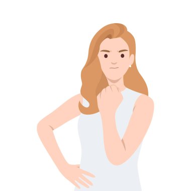 Kendine güvenen bir kadın ciddi bir ifadeyle, kararlılığını ve azmini ifade ediyor. Düz vektör çizimi beyaz arkaplanda izole edildi