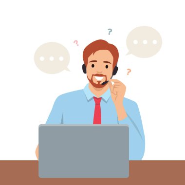 Dost canlısı müşteri hizmetleri kulaklık takıyor. Bilgisayarda çalışırken internette sohbet ediyorlar. Düz vektör çizimi beyaz arkaplanda izole edildi