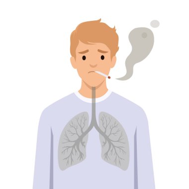 Sigara İçmenin Zararlı Etkileri. Kararmış ciğerleriyle sigara içen bir adam. Düz vektör çizimi beyaz arkaplanda izole edildi