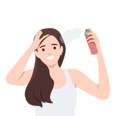 Saç spreyi kullanan kadın. Uzun saçlı bir kadın saçına saç spreyi sıkıyor. Düz vektör çizimi beyaz arkaplanda izole edildi