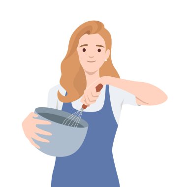 İçindekileri karıştıran, yemek hazırlayan ya da pişiren bir kadın. Düz vektör çizimi beyaz arkaplanda izole edildi