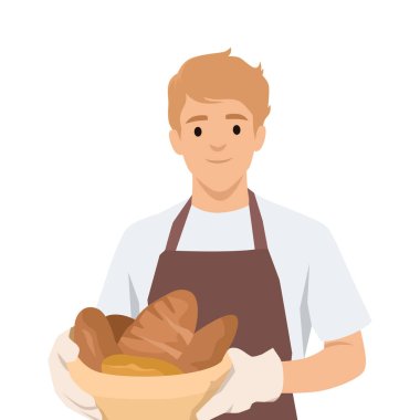 Dost canlısı Baker Holding taze pişmiş ekmek. Önlük ve eldiven giyen genç bir fırıncı. Düz vektör çizimi beyaz arkaplanda izole edildi