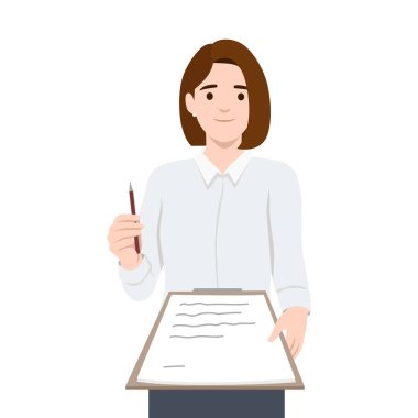 Elinde bir not defteri ve kalem tutan profesyonel bir kadın imza istiyor. Düz vektör çizimi beyaz arkaplanda izole edildi