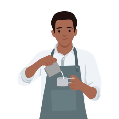 Barista bardağa süt dolduruyor, önlük giyerken ustalıkla kahve içeceği hazırlıyor. Düz vektör çizimi beyaz arkaplanda izole edildi