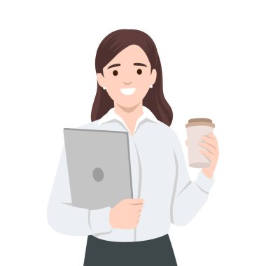 Dizüstü bilgisayar ve kahve fincanı tutan kadın üretken ve profesyonel bir yaşam tarzını temsil ediyor. Düz vektör çizimi beyaz arkaplanda izole edildi