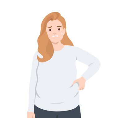 Göbeğini sıkarken sıkıntılı görünen, vücudu ile ilgili sorunları olan endişeli şişman kadın. Düz vektör çizimi beyaz arkaplanda izole edildi