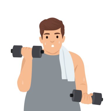 Terleyen aşırı kilolu adam, dambılları gayretle kaldırır, kişisel sağlık gelişimine adanmıştır. Düz vektör çizimi beyaz arkaplanda izole edildi