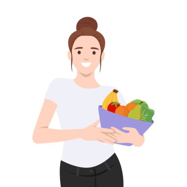 Kadının elinde taze meyve ve sebzelerle dolu dengeli ve besleyici bir yaşam tarzı var. Düz vektör çizimi beyaz arkaplanda izole edildi