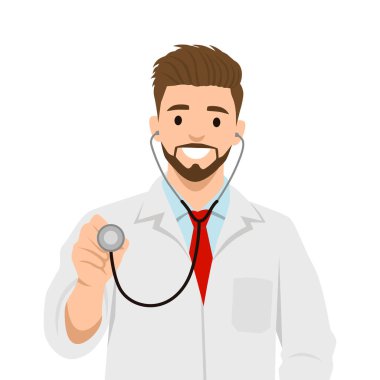 Steteskoplu dost canlısı bir doktor. Düz vektör çizimi beyaz arkaplanda izole edildi