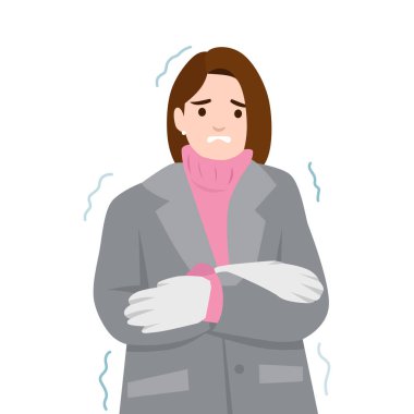 Kış paltolu ve eldivenli titreyen kadın, kendini kucaklıyor ve soğuktan titriyor. Düz vektör çizimi beyaz arkaplanda izole edildi