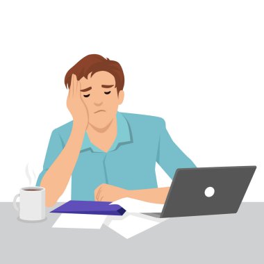 İş yerinde bitkin ve bunalmış. Dizüstü bilgisayarı, kağıtları ve kahve fincanı olan bir masada oturuyor. Düz vektör çizimi beyaz arkaplanda izole edildi