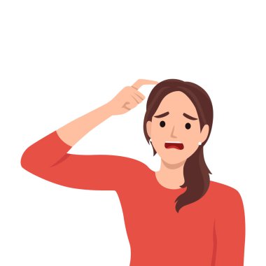 Kafası karışık ve sıkıntılı bir yüzü olan bir kadın kafasını kaşıyor. Düz vektör çizimi beyaz arkaplanda izole edildi