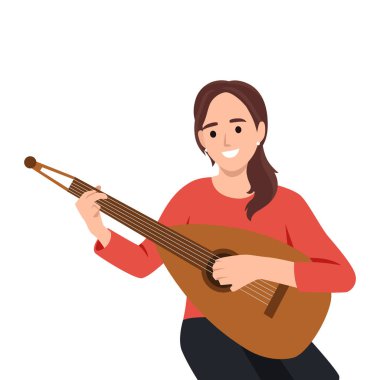 Gülümseyen kadın, müzik ve yaratıcılığa olan tutkusunu ifade etmek için keyifli bir şekilde lavta çalıyor. Düz vektör çizimi beyaz arkaplanda izole edildi