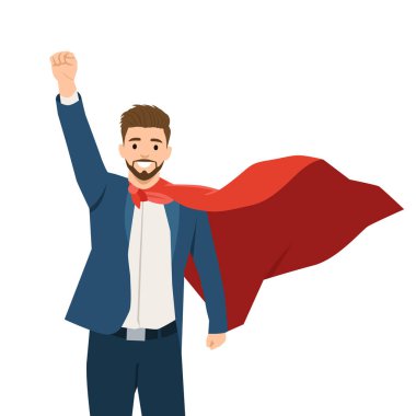 Takım elbiseli ve kırmızı pelerinli kendine güvenen işadamı yumruğunu kahramanca kaldırıyor. Düz vektör çizimi beyaz arkaplanda izole edildi