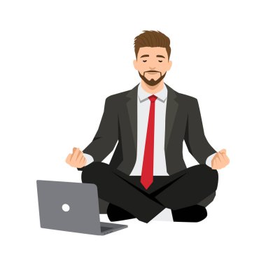 İşadamı dizüstü bilgisayarla meditasyon yapıyor. Dizüstü bilgisayarı üzerinde çalışırken denge ve rahatlama sağlıyor. Düz vektör çizimi beyaz arkaplanda izole edildi