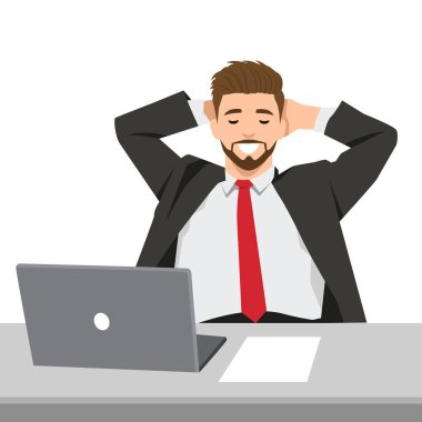 Kendine güveni tam bir işadamı, önünde bir dizüstü bilgisayarla masasında dinleniyor. Düz vektör çizimi beyaz arkaplanda izole edildi