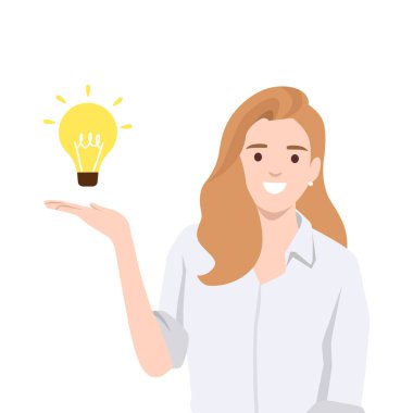 Parlak fikir, bir ilham anı. Evet. Elinde parlayan bir ampulü sunar. Düz vektör çizimi beyaz arkaplanda izole edildi