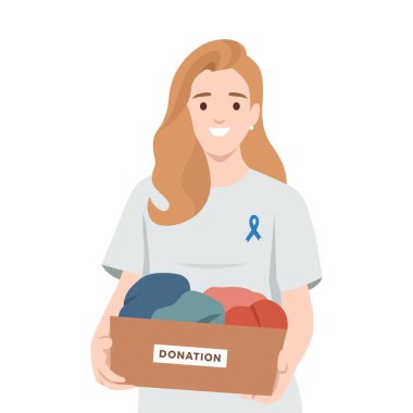 Gülümseyen kadın bir bağış kutusu tutuyor. Kıyafetlerle dolu, hayırseverliği sembolize ediyor. Düz vektör çizimi beyaz arkaplanda izole edildi