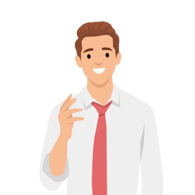 Beyaz gömlekli ve kırmızı kravatlı gülümseyen adam konuşurken, güven ve dostluk. Düz vektör çizimi beyaz arkaplanda izole edildi