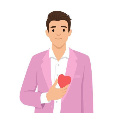 Kalbi Tutan Adam, Sevgi ve Sevgi 'yi simgeliyor. Adamın göğsünde kırmızı bir kalp var. Düz vektör çizimi beyaz arkaplanda izole edildi