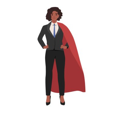 Siyah takım elbiseli kendine güvenen bir iş kadını elleri kalçasında, kırmızı bir pelerin giyiyor. Düz vektör çizimi beyaz arkaplanda izole edildi