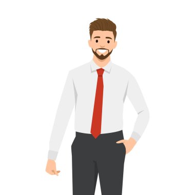 Resmi giyinmiş kendine güvenen işadamı gülümseyerek duruyor, profesyonellik ve çekicilik yayıyor. Düz vektör çizimi beyaz arkaplanda izole edildi