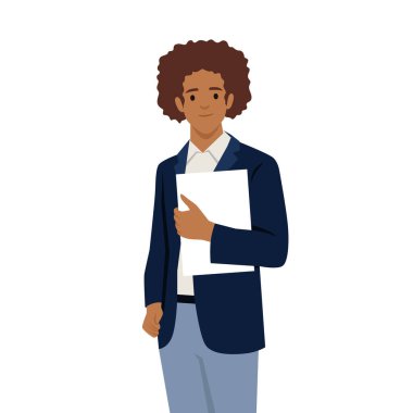 Genç profesyonel belgelerin tutulması, iş ve akademik başarı için güven yayılması. Düz vektör çizimi beyaz arkaplanda izole edildi