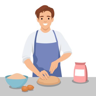 Önlük giymiş fırıncı, yanında un ve yumurta gibi malzemelerle tezgahta hamur yoğuruyor. Düz vektör çizimi beyaz arkaplanda izole edildi